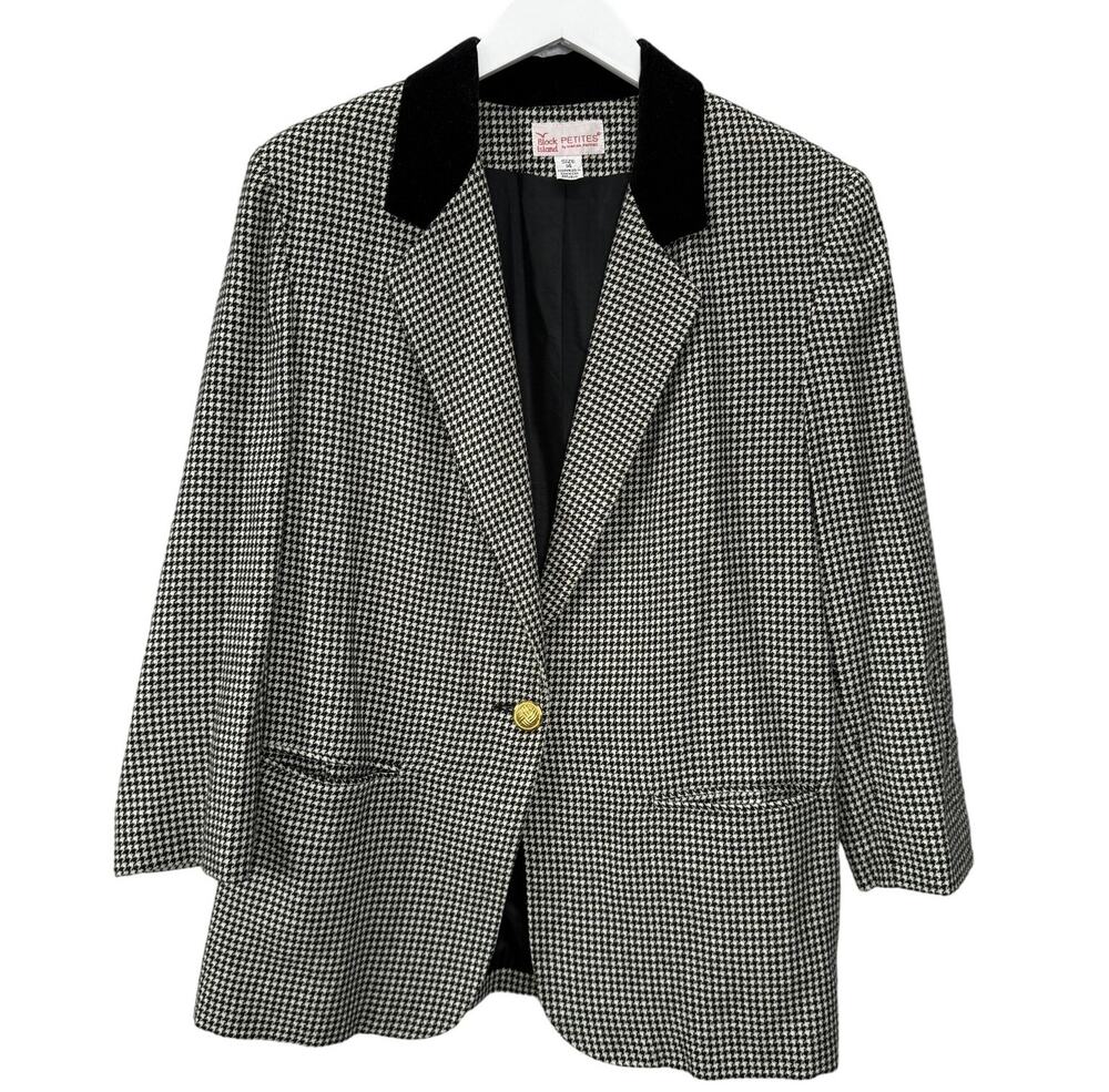 Vintage Block Island Houndstooth Blazer Size 14 Petite Velvet Collar One Button
